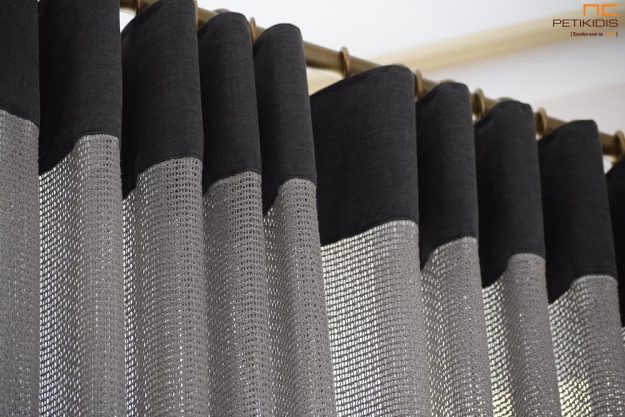 Κουρτίνες Κουρτίνα πλαϊνή διακοσμητική ΝοC22/19 δίχτυ σε γκρι-καφέ απόχρωση με φάσα στο πάνω μέρος της ραφής της. Το φάρδος της είναι 3,20μ και η σύνθεσή της είναι 60% βαμβάκι και 40% βισκόζη. Λεπτομέρεια φάσας και ραφής 'Wave".