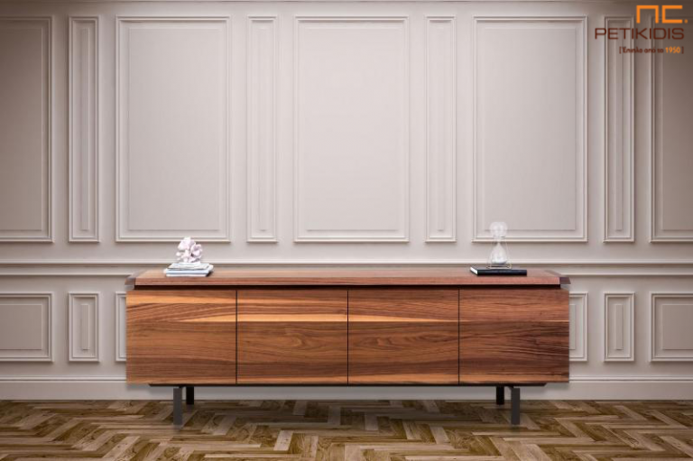 Μπουφές Grain σε ξύλο ακανόνιστης καρυδιάς και λεπτομέρειες με μεταλλικά πόδια.