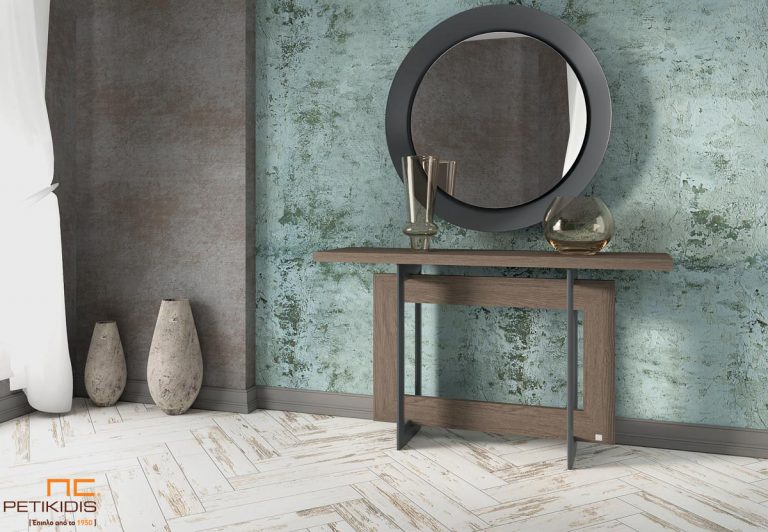 Κονσόλα Motivo από ξύλο δρυς και λεπτομέρειες από μέταλλο. Ο στρογγυλός καθρέπτης είναι με μεταλλική μίνιμαλ κορνίζα.