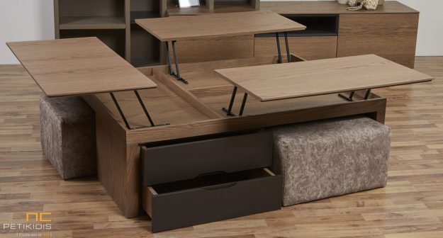 Κλασική Τραπεζαρία Τραπεζάκι σαλονιού Cuba από ξύλο δρυς ρουστίκ και λεπτομέρειες από λάκα. Διαθέτει τρεις σερβιτόρους με αποθηκευτικό χώρο, δύο συρτάρια, δύο σκαμπό και ένα βοηθητικό τραπεζάκι.Λεπτομέρεια.