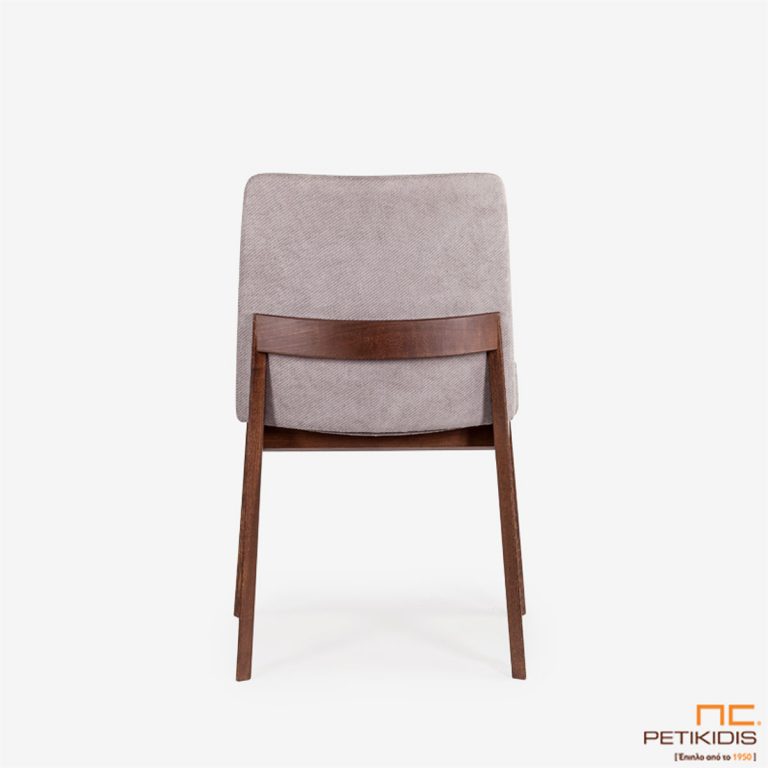 Καρέκλα Talia με ξύλινη βάση και ιδιαίτερη ξύλινη λεπτομέρεια στην πλάτη.Το ύφασμα είναι αδιάβροχο και αλέκιαστο σε γκρι τόνους. Λεπτομέρεια.
