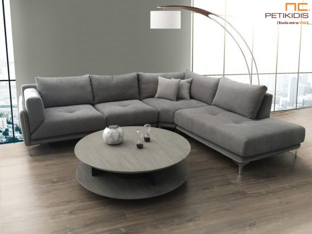 Κλασική Τραπεζαρία Σαλόνι γωνία Galaxy με φάλτσα γωνία για μεγαλύτερη άνεση στο κάθισμα. Το σαλόνι αποτελείται από τρία κομμάτια και ύφασμα σε γκρι τόνους αλέκιαστο και αδιάβροχο.