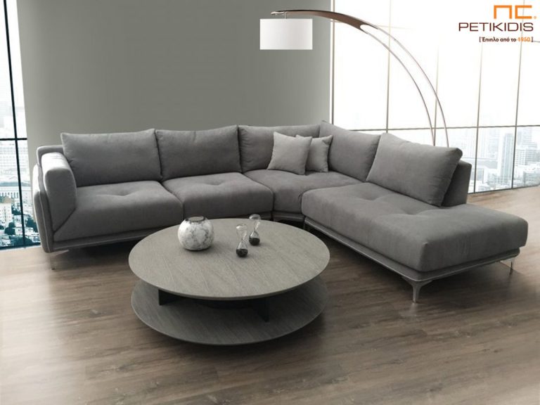 Σαλόνι γωνία Galaxy με φάλτσα γωνία για μεγαλύτερη άνεση στο κάθισμα. Το σαλόνι αποτελείται από τρία κομμάτια και ύφασμα σε γκρι τόνους αλέκιαστο και αδιάβροχο.