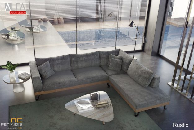 Κλασική Τραπεζαρία Σαλόνι γωνία Rustic σε γκρι αλέκιαστο και αδιάβροχο ύφασμα. Η βάση του είναι με μασίφ ξύλο δρυς ρουστίκ και μεταλλικά πόδια. Μοντέρνος σχεδιασμός με πινελιές από ρουστίκ στυλ.