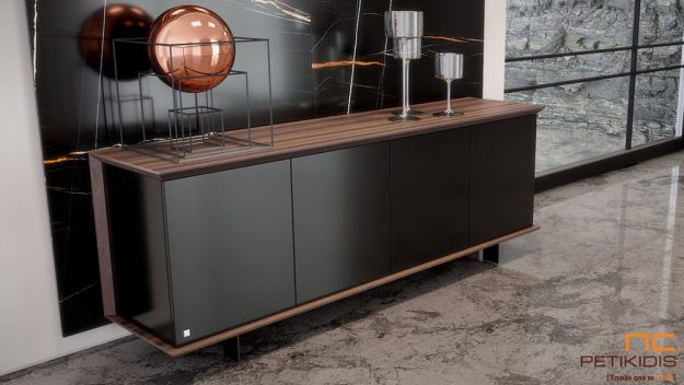 Μπουφέ Slim με συνδυασμό λάκας και ξύλου ευκαλύπτου. Minimal μοντέρνα αισθητική με αποθηκευτικούς χώρους. Διατίθεται και σε άλλα χρώματα ξύλου και λάκας.