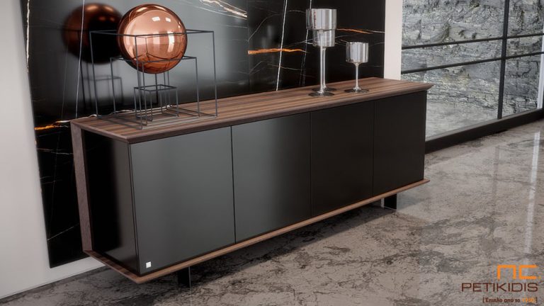 Μπουφέ Slim με συνδυασμό λάκας και ξύλου ευκαλύπτου. Minimal μοντέρνα αισθητική με αποθηκευτικούς χώρους. Διατίθεται και σε άλλα χρώματα ξύλου και λάκας.