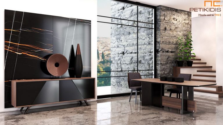 Μπουφέ και τραπεζαρία Brera με συνδυασμό ξύλου ευκάλυπτου και λεπτομέρειες λάκας. Minimal μοντέρνος σχεδιασμός με ιδιαίτερο style που δίνουν τα νερά του ξύλου. Στο μπουφέ ξεχωρίζει το 3d σχέδιο που κάνουν οι πόρτες δίνοντας μια γλυπτική αίσθηση σε όλο το έπιπλο.