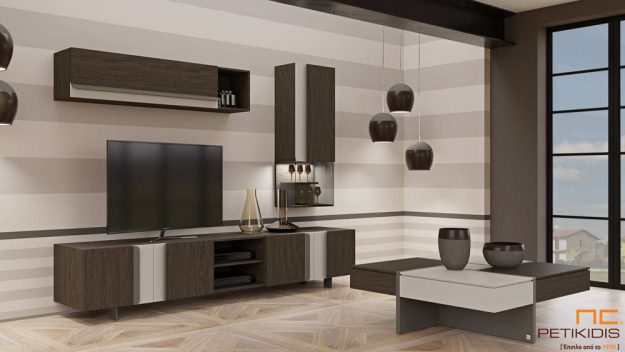 Κλασική Τραπεζαρία Σύνθεση Capri από ξύλο δρυς με λεπτομέρειες λάκας. Διαθέτει αρκετούς αποθηκευτικούς χώρους και στην κρεμαστή επιτοίχια βιτρίνα υπάρχει φωτισμός. Minimal μοντέρνος σχεδιασμός.