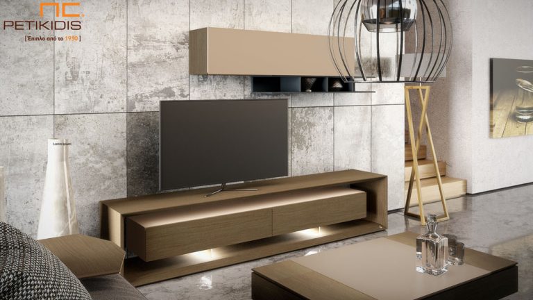 Σύνθεση τοίχου Vista με ξύλο δρυς και λεπτομέρειες λάκας. Στην βάση υπάρχει η δυνατότητα προσαρμογής φωτισμού. Minimal μοντέρνος σχεδιασμός.