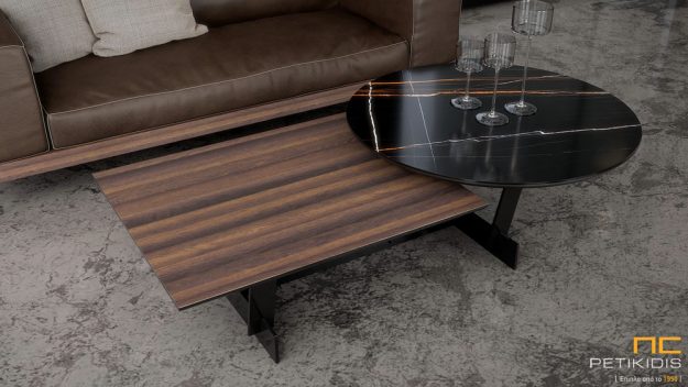 Τραπεζάκι σαλονιού Double με συνδυασμό μεταλλικής βάσης, ξύλο ευκάλυπτου και κεραμικό υλικό. Minimal μοντέρνος σχεδιασμός με διαφορετικό επίπεδο στις επιφάνειες του τραπεζιού.