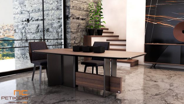 Τραπεζαρία Brera με συνδυασμό ξύλου ευκάλυπτου και λεπτομέρειες λάκας. Minimal μοντέρνος σχεδιασμός με ιδιαίτερο style που δίνουν τα νερά του ξύλου.