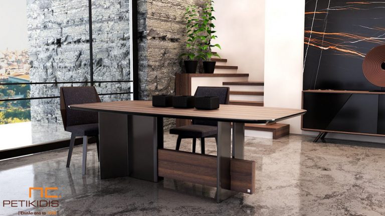 Τραπεζαρία Brera με συνδυασμό ξύλου ευκάλυπτου και λεπτομέρειες λάκας. Minimal μοντέρνος σχεδιασμός με ιδιαίτερο style που δίνουν τα νερά του ξύλου.