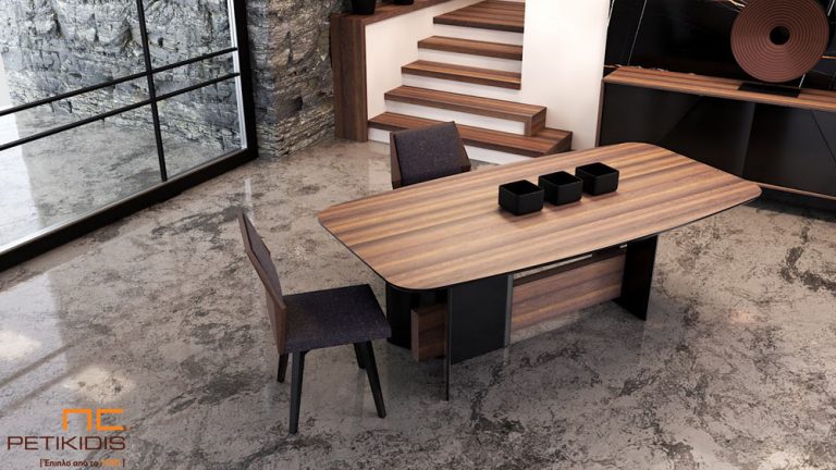 Τραπεζαρία Brera με συνδυασμό ξύλου ευκάλυπτου και λεπτομέρειες λάκας. Minimal μοντέρνος σχεδιασμός με ιδιαίτερο style που δίνουν τα νερά του ξύλου. Λεπτομέρεια.