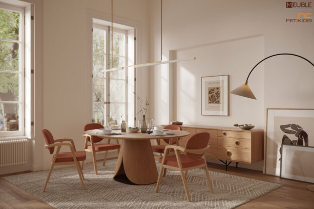 Συλλογή KAPPA σε μοντέρνο και εντυπωσιακό σχεδιασμό. Κατασκευασμένα από ξύλο ρουστίκ δρυς και μεταλλικά στοιχεία στον μπουφέ καθώς και αδιάβροχο-αλέκιαστο ύφασμα στα καθίσματα. Η συλλογή KAPPA παράγεται και σε φυσικό χρώμα, αναδεικνύοντας τη φυσική ομορφιά και τους ζεστούς, φιλόξενους τόνους του ξύλου.