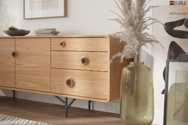 Λεπτομέρεια μπουφέ TARA. Σχεδιασμένος από τον Dalibor Marek με minimal και μοντέρνα αισθητική. Είναι κατάλληλο έπιπλο για επαγγελματική και οικιακή χρήση. Μπορείτε να επιλέξετε τα φινιρίσματα (χρώμα ξύλου και μετάλλου) που ταιριάζουν περισσότερο στην αισθητική και στην διάθεσή σας.