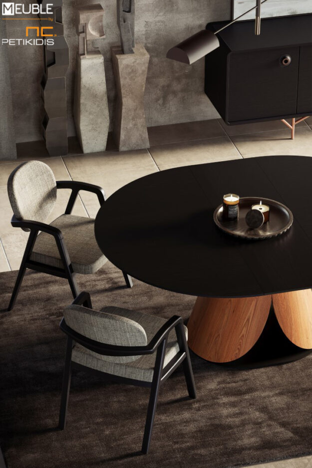 Λεπτομέρεια συλλογής KAPPA. Μοντέρνος και εντυπωσιακός σχεδιασμός. Η τραπεζαρία και τα καθίσματα KAPPA έχουν σχεδιαστεί από τον βιομηχανικό σχεδιαστή Αθανάσιο Μπάμπαλη & ο μπουφές TARA από τον βιομηχανικό σχεδιαστή Dalibor Marek. Κατασκευασμένα από ξύλο ρουστίκ δρυς και μεταλλικά στοιχεία στον μπουφέ.