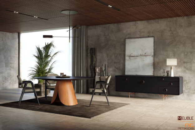 Συλλογή KAPPA σε μοντέρνο και εντυπωσιακό σχεδιασμό. Η τραπεζαρία και τα καθίσματα KAPPA έχουν σχεδιαστεί από τον βιομηχανικό σχεδιαστή Αθανάσιο Μπάμπαλη & ο μπουφές TARA από τον βιομηχανικό σχεδιαστή Dalibor Marek. Κατασκευασμένα από ξύλο ρουστίκ δρυς και μεταλλικά στοιχεία στον μπουφέ.