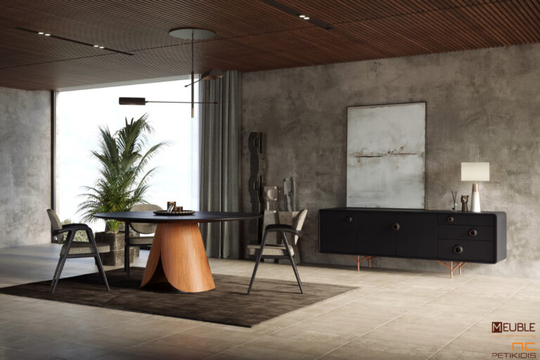 Συλλογή KAPPA σε μοντέρνο και εντυπωσιακό σχεδιασμό. Η τραπεζαρία και τα καθίσματα KAPPA έχουν σχεδιαστεί από τον βιομηχανικό σχεδιαστή Αθανάσιο Μπάμπαλη & ο μπουφές TARA από τον βιομηχανικό σχεδιαστή Dalibor Marek. Κατασκευασμένα από ξύλο ρουστίκ δρυς και μεταλλικά στοιχεία στον μπουφέ.