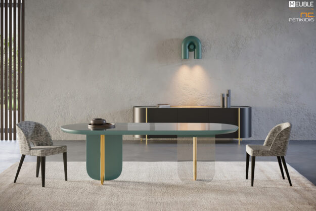 Κλασική Τραπεζαρία Λεπτομέρεια. Η τραπεζαρία RIDEAU σχεδιάστηκε από το Ιταλικό design studio DEBONADEMEO. Ο συνδυασμός λάκας, μετάλλου, κεραμικής επιφάνειας και κρυστάλλου δημιουργεί ένα προϊόν που ξεχωρίζει για το design και την κατασκευή του. Καρέκλα MARIEN UP σε δρυς και ύφασμα αδιάβροχο. Υπάρχει δυνατότητα επιλογής χρωμάτων. Μπουφές της ίδιας σειράς.