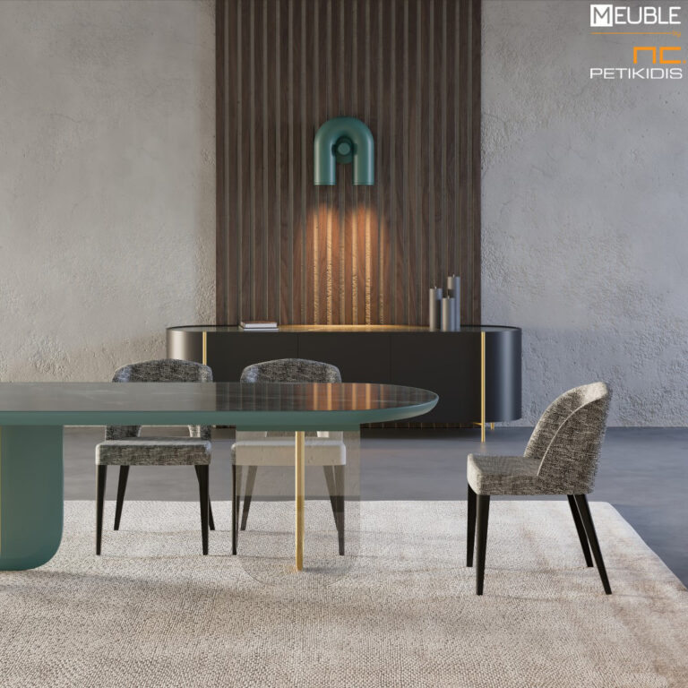 Λεπτομέρεια. Η τραπεζαρία RIDEAU σχεδιάστηκε από το Ιταλικό design studio DEBONADEMEO. Ο συνδυασμός λάκας, μετάλλου, κεραμικής επιφάνειας και κρυστάλλου δημιουργεί ένα προϊόν που ξεχωρίζει για το design και την κατασκευή του. Καρέκλα MARIEN UP σε δρυς και ύφασμα αδιάβροχο. Υπάρχει δυνατότητα επιλογής χρωμάτων. Μπουφές της ίδιας σειράς.