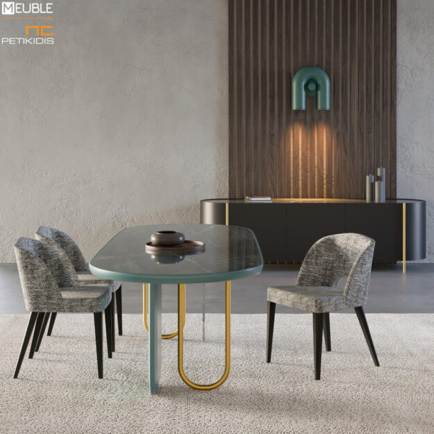 Λεπτομέρεια. Η τραπεζαρία RIDEAU σχεδιάστηκε από το Ιταλικό design studio DEBONADEMEO. Ο συνδυασμός λάκας, μετάλλου, κεραμικής επιφάνειας και κρυστάλλου δημιουργεί ένα προϊόν που ξεχωρίζει για το design και την κατασκευή του. Καρέκλα MARIEN UP σε δρυς και ύφασμα αδιάβροχο. Υπάρχει δυνατότητα επιλογής χρωμάτων. Μπουφές της ίδιας σειράς.