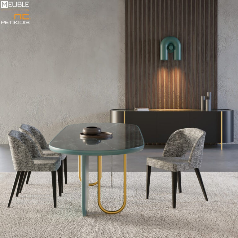 Λεπτομέρεια. Η τραπεζαρία RIDEAU σχεδιάστηκε από το Ιταλικό design studio DEBONADEMEO. Ο συνδυασμός λάκας, μετάλλου, κεραμικής επιφάνειας και κρυστάλλου δημιουργεί ένα προϊόν που ξεχωρίζει για το design και την κατασκευή του. Καρέκλα MARIEN UP σε δρυς και ύφασμα αδιάβροχο. Υπάρχει δυνατότητα επιλογής χρωμάτων. Μπουφές της ίδιας σειράς.