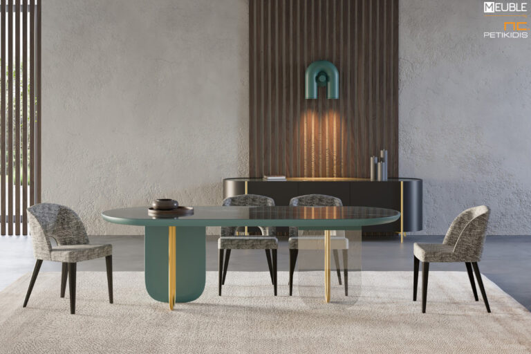 Η τραπεζαρία RIDEAU σχεδιάστηκε από το Ιταλικό design studio DEBONADEMEO. Ο συνδυασμός λάκας, μετάλλου, κεραμικής επιφάνειας και κρυστάλλου δημιουργεί ένα προϊόν που ξεχωρίζει για το design και την κατασκευή του. Καρέκλα MARIEN UP σε δρυς και ύφασμα αδιάβροχο. Υπάρχει δυνατότητα επιλογής χρωμάτων.