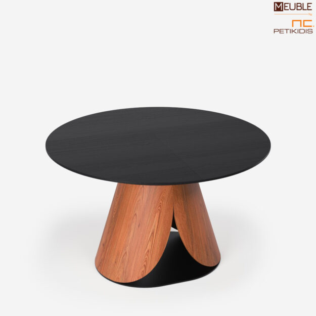 Κλασική Τραπεζαρία Λεπτομέρεια τραπεζιού KAPPA σε μοντέρνο και εντυπωσιακό σχεδιασμό από τον βιομηχανικό σχεδιαστή Αθανάσιο Μπάμπαλη. Κατασκευασμένο από ξύλο ρουστίκ δρυς και μεταλλική βάση.