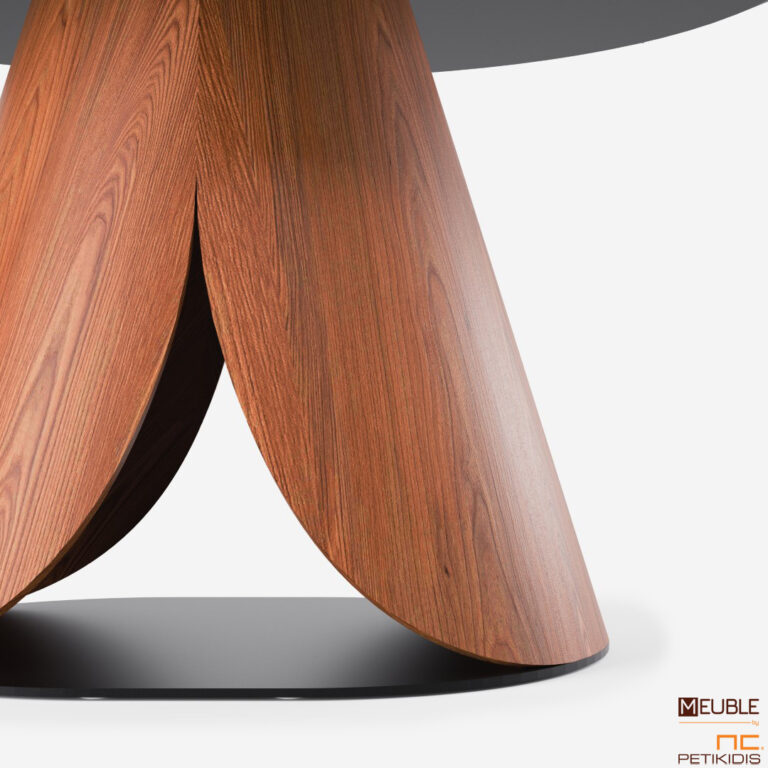 Λεπτομέρεια τραπεζιού KAPPA σε μοντέρνο και εντυπωσιακό σχεδιασμό από τον βιομηχανικό σχεδιαστή Αθανάσιο Μπάμπαλη. Κατασκευασμένο από ξύλο ρουστίκ δρυς και μεταλλική βάση.