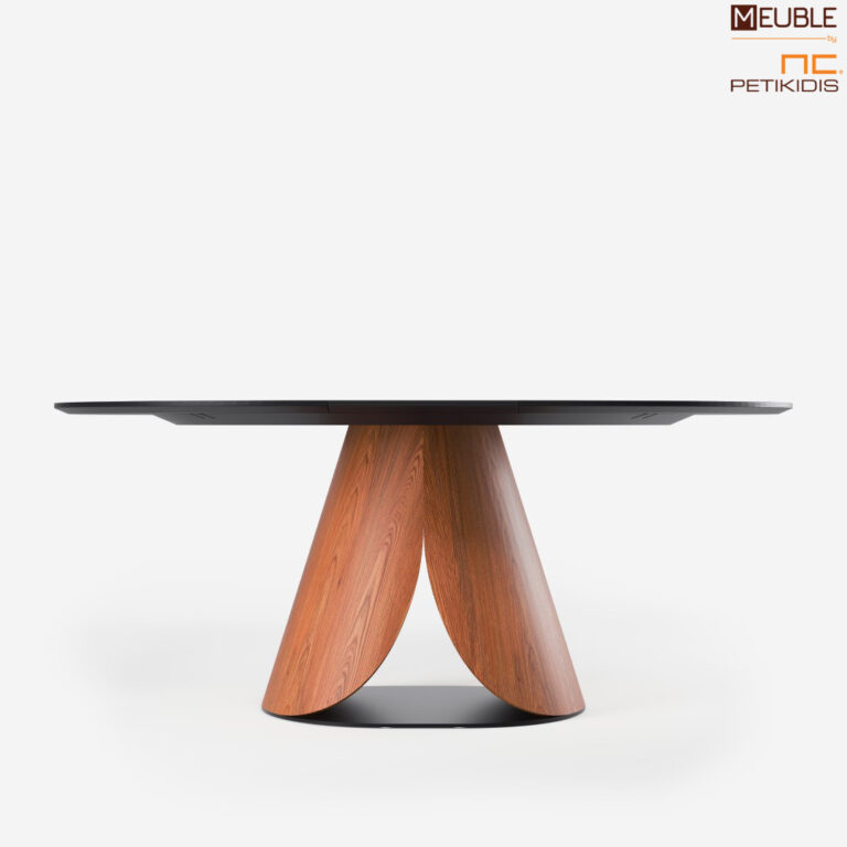 Λεπτομέρεια τραπεζιού KAPPA σε μοντέρνο και εντυπωσιακό σχεδιασμό από τον βιομηχανικό σχεδιαστή Αθανάσιο Μπάμπαλη. Κατασκευασμένο από ξύλο ρουστίκ δρυς και μεταλλική βάση.