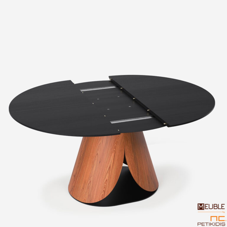 Λεπτομέρεια προέκτασης τραπεζιού KAPPA σε μοντέρνο και εντυπωσιακό σχεδιασμό από τον βιομηχανικό σχεδιαστή Αθανάσιο Μπάμπαλη. Κατασκευασμένο από ξύλο ρουστίκ δρυς και μεταλλική βάση.