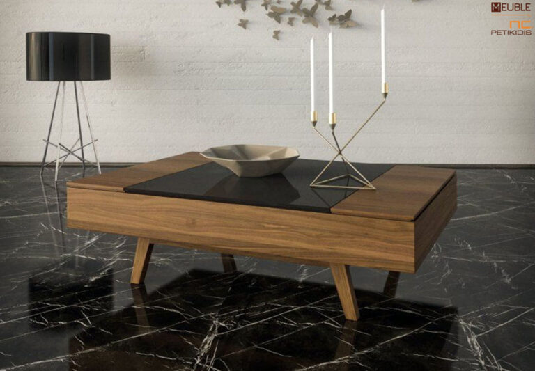 Τραπεζάκι σαλονιού Elite από ξύλο καρυδιάς και λεπτομέρεια λάκας. Διαθέτει μηχανισμό 'σερβιτόρου' και δύο ντουλάπια. Εργονομία και μοντέρνα αισθητική σε απόλυτη αρμονία. Διατίθεται σε μεγάλη ποικιλία χρωμάτων, ξύλου και διαστάσεων.