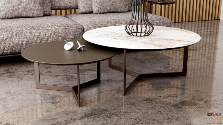 Τραπεζάκι σαλονιού Opus. Στρογγυλό με μεταλλική βάση και επιλογές με κεραμική, ξύλινη ή λάκα επιφάνεια. Μπορούν να γίνουν με πολλούς συνδυασμούς χρωμάτων και διαστάσεων.