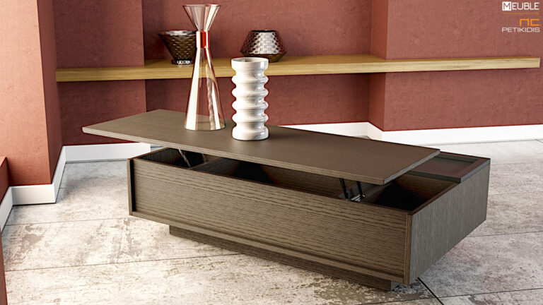 Τραπέζι σαλονιού Seppo. Το μοντέρνο design, οι αποθηκευτικοί χώροι του καθώς και το προεκτεινόμενο καπάκι το καθιστούν εξαιρετικά λειτουργικό. Συνδυάζει λάκα και ξύλο δρυς με δυνατότητα επιλογής χρωμάτων. Λεπτομέρεια.