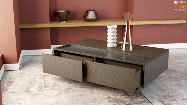 Τραπέζι σαλονιού Seppo. Το μοντέρνο design, οι αποθηκευτικοί χώροι του καθώς και το προεκτεινόμενο καπάκι το καθιστούν εξαιρετικά λειτουργικό. Συνδυάζει λάκα και ξύλο δρυς με δυνατότητα επιλογής χρωμάτων. Λεπτομέρεια.