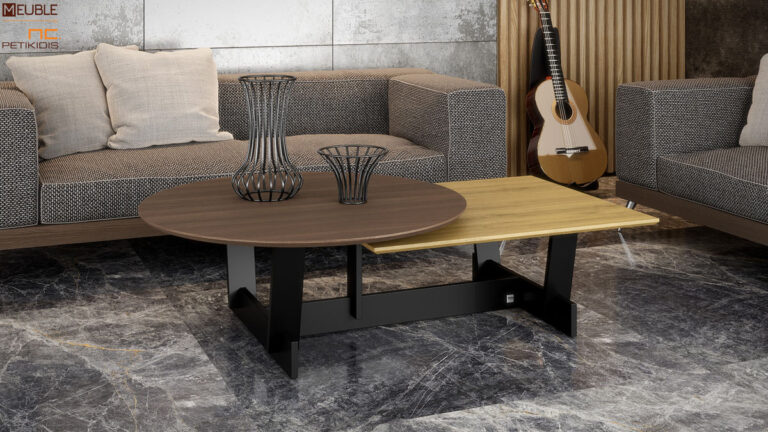 Τραπέζι σαλονιού Double. Έχει κομψό και minimal σχεδιασμό κατασκευασμένο από ξύλο δρυς και μασίφ μεταλλική βάση. Η στρογγυλή επιφάνεια περιστρέφεται και προεκτείνεται. Διατίθεται σε ποικιλία χρωμάτων καθώς και υλικών.