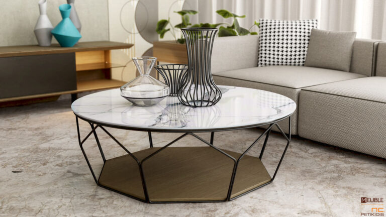 Τραπέζι σαλονιού Prisma σε κομψό και minimal design με κεραμικό καπάκι και περίτεχνη μεταλλική μασίφ βάση και τελείωμα σε ξύλο δρυς. Διατίθεται και σε ξύλινο καπάκι.