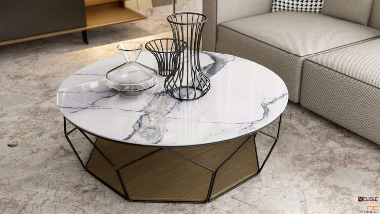 Τραπέζι σαλονιού Prisma σε κομψό και minimal design με κεραμικό καπάκι και περίτεχνη μεταλλική μασίφ βάση και τελείωμα σε ξύλο δρυς. Διατίθεται και σε ξύλινο καπάκι. Λεπτομέρεια.