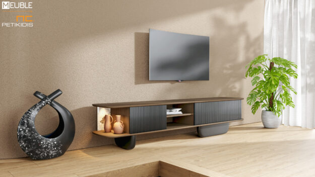 Έπιπλο tv Sienna σχεδιασμένο σε μίνιμαλ και μοντέρνα γραμμή, παράγεται σε πολλές διαστάσεις και με ποικιλία χρωμάτων και υλικών. Πλάτη με λεπτομέρεια κεραμικού υλικού και κρυφού φωτισμού. Λεπτομέρεια.