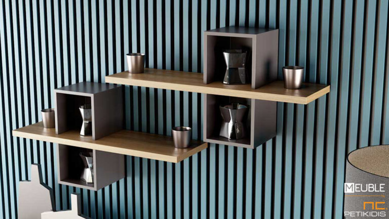 Ράφι Entro κατασκευασμένο από συνδυασμό ξύλου δρυ και λάκας. Διατίθεται σε ποικιλία χρωμάτων.