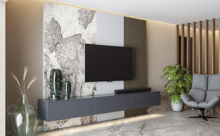 Σύνθεση τοίχου Νalu σχεδιασμένο σε μίνιμαλ γραμμή με συνδυασμό υλικών λάκας, πηχάκια από ξύλο δρυ και κεραμικού στην πλάτη και ενός κρεμαστού επίπλου τηλεόρασης με πολύ αποθηκευτικό χώρο. Παράγεται σε διαστάσεις επιλογής σας και σε χρώμα λάκας η ξύλο επιλογής. Διαθέτει κρυφό φωτισμό.