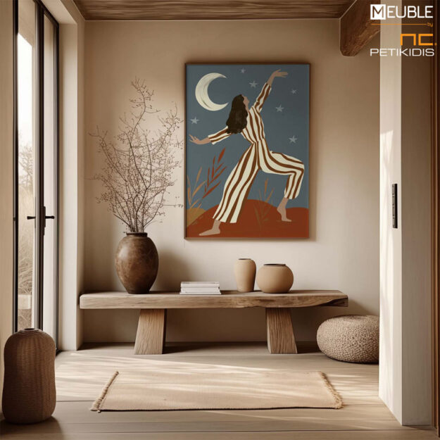 Πίνακες σε Καμβά ή Poster Στο “Dancing With Stars”, μια γυναίκα ντυμένη με καφέ ριγέ φόρμα στέκεται με τα χέρια υψωμένα προς τα αστέρια. Η στάση της σώματος εκφράζει αβίαστα μια αίσθηση ελευθερίας και ανεμελιάς, σαν να καλεί τον θεατή να αγγίξει και ο ίδιος το άπιαστο. Τα ζεστά χρώματα δημιουργούν μια ατμόσφαιρα αισιοδοξίας και χαράς, ενώ η παιχνιδιάρικη σύνθεση του πίνακα προσθέτει μια δόση ζωντάνιας σε κάθε χώρο. Αυτό το έργο αποτελεί ιδανική επιλογή για κάθε σπίτι που χρειάζεται μια ένεση αισιοδοξίας. Παράγεται και σε poster. Διαθέσιμες διαστάσεις 50X70, 70X100, 80X120, 100X140, 120X160, 120X180.