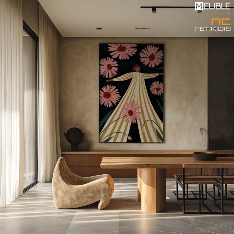 Ο πίνακας “Rise Up” απεικονίζει μια γυναικεία φιγούρα, με λιτές γεωμετρικές γραμμές και μινιμαλιστικό σχέδιο. Η απλότητα και η κομψότητα του έργου προσθέτουν μια μοντέρνα και έντονη αντίθεση ανάμεσα στο άσπρο και κίτρινο που έχουν τα ρούχα της με το φόντο. Το φόντο είναι μαύρο και η μορφή είναι χωμένη μέσα σε ένα λιβάδι με λουλούδια, δημιουργώντας μία αίσθηση μοντέρνας τέχνης με την λήψη να γίνεται από κάτω προς τα πάνω έχοντας πρώτη εικόνα τις μαργαρίτες και στο βάθος το πρόσωπο.Παράγεται και σε poster. Διαθέσιμες διαστάσεις 50X70, 70X100, 80X120, 100X140, 120X160, 120X180.