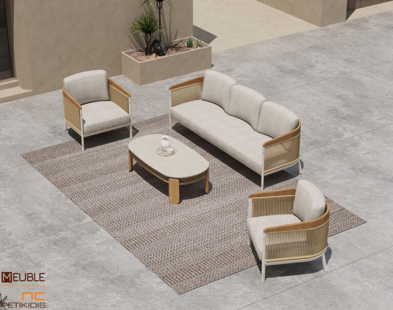 Outdoor σετ σαλονιού Ethereal. Τριθέσιος καναπές με δύο πολυθρόνες και τραπεζάκι με κεραμικό καπάκι, κατασκευασμένα όλα από μπεζ αλουμίνιο στο σκελετό, μασίφ ξύλο teak και λεπτομέρειες από σχοινί σε φυσικό χρώμα. Τα μαξιλάρια είναι ντυμένα με μπεζ αδιάβροχο ύφασμα σε ειδική σύνθεση ώστε να αντέχει όλες τις καιρικές συνθήκες.