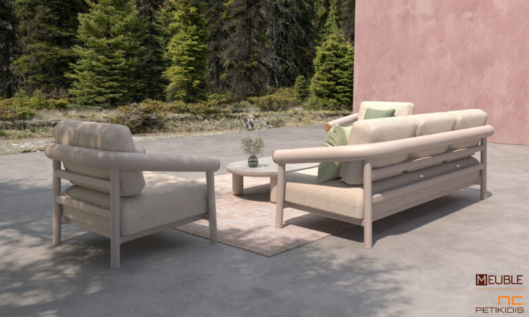 Outdoor σετ σαλονιού Eutopia, Τριθέσιος καναπές με δύο πολυθρόνες και τραπεζάκι κατασκευασμένα από μπεζ σκελετό αλουμινίου και μαξιλάρα με ύφασμα αδιάβροχο και αλέκιαστο σε ειδική σύνθεση για να αντέχει όλες τις καιρικές συνθήκες.