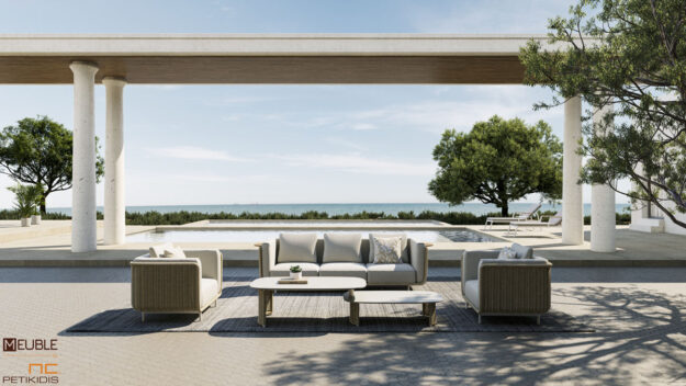 Outdoor σετ σαλονιού Nexus. Τριθέσιος καναπές με δύο πολυθρόνες και τραπεζάκια με κεραμικό καπάκι, κατασκευασμένα όλα από μπεζ σκελετό αλουμινίου πλεγμένο με σχοινί σε φυσικό χρώμα. Τα μαξιλάρια είναι ντυμένα με μπεζ αδιάβροχο ύφασμα σε ειδική σύνθεση ώστε να αντέχει όλες τις καιρικές συνθήκες.